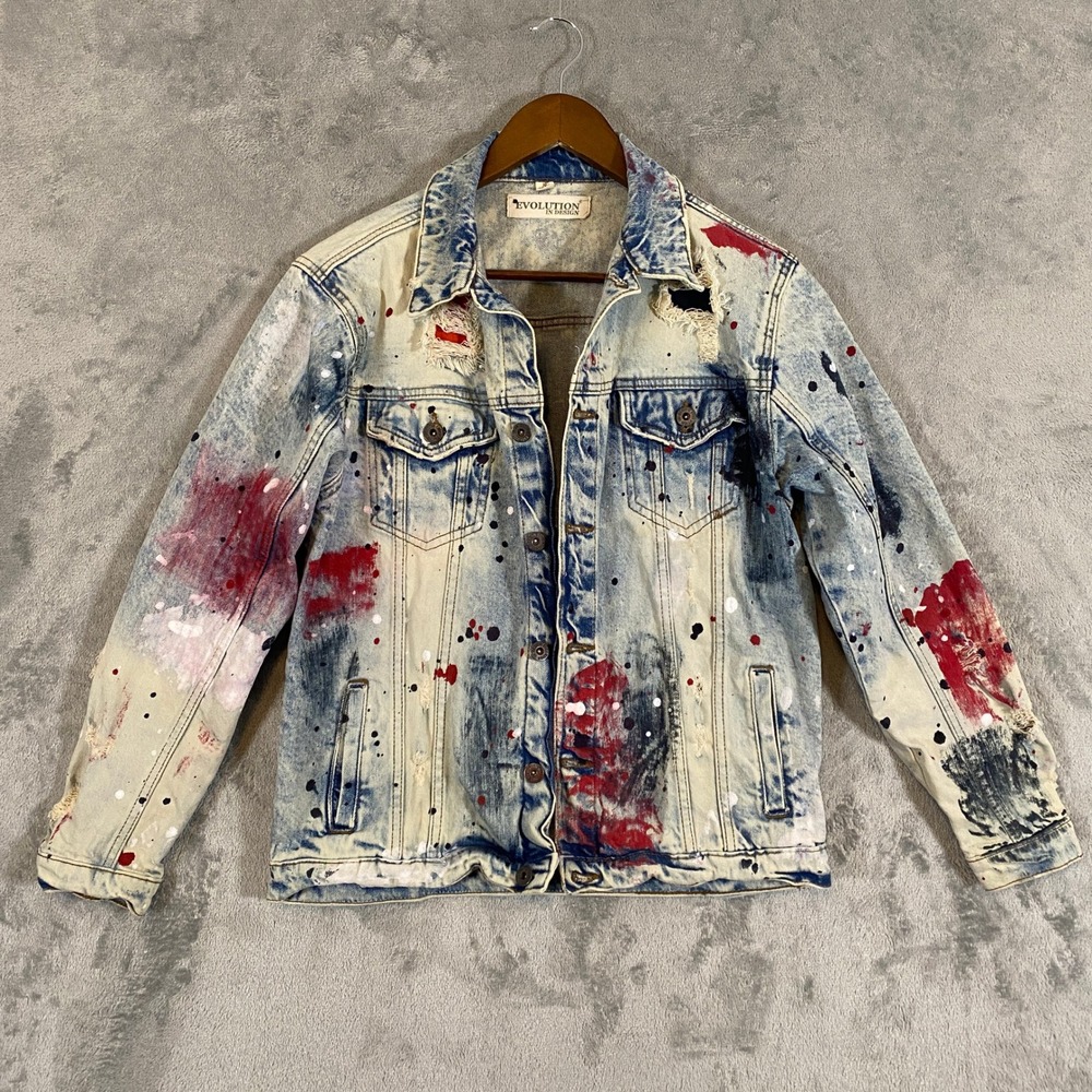 Evolution In Design Denim Jacket Kids‎ XL 18-20 Blue Paint Splatter Distressed